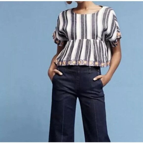 Anthropologie Maeve Embroidered Peplum Linen Top L Striped Open Back Festival - Picture 1 of 10